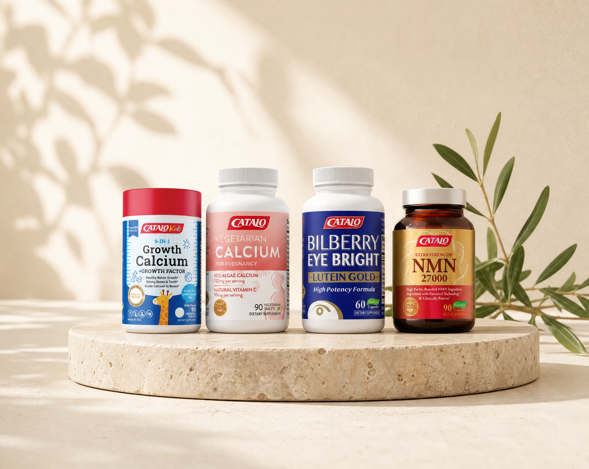 Four CATALO supplements for the whole family on a stone plinth: Kids 9-in-1 Growth Calcium, Vegetarian Calcium for Pregnancy, Bilberry Eye Bright Lutein Gold and NMN 27000