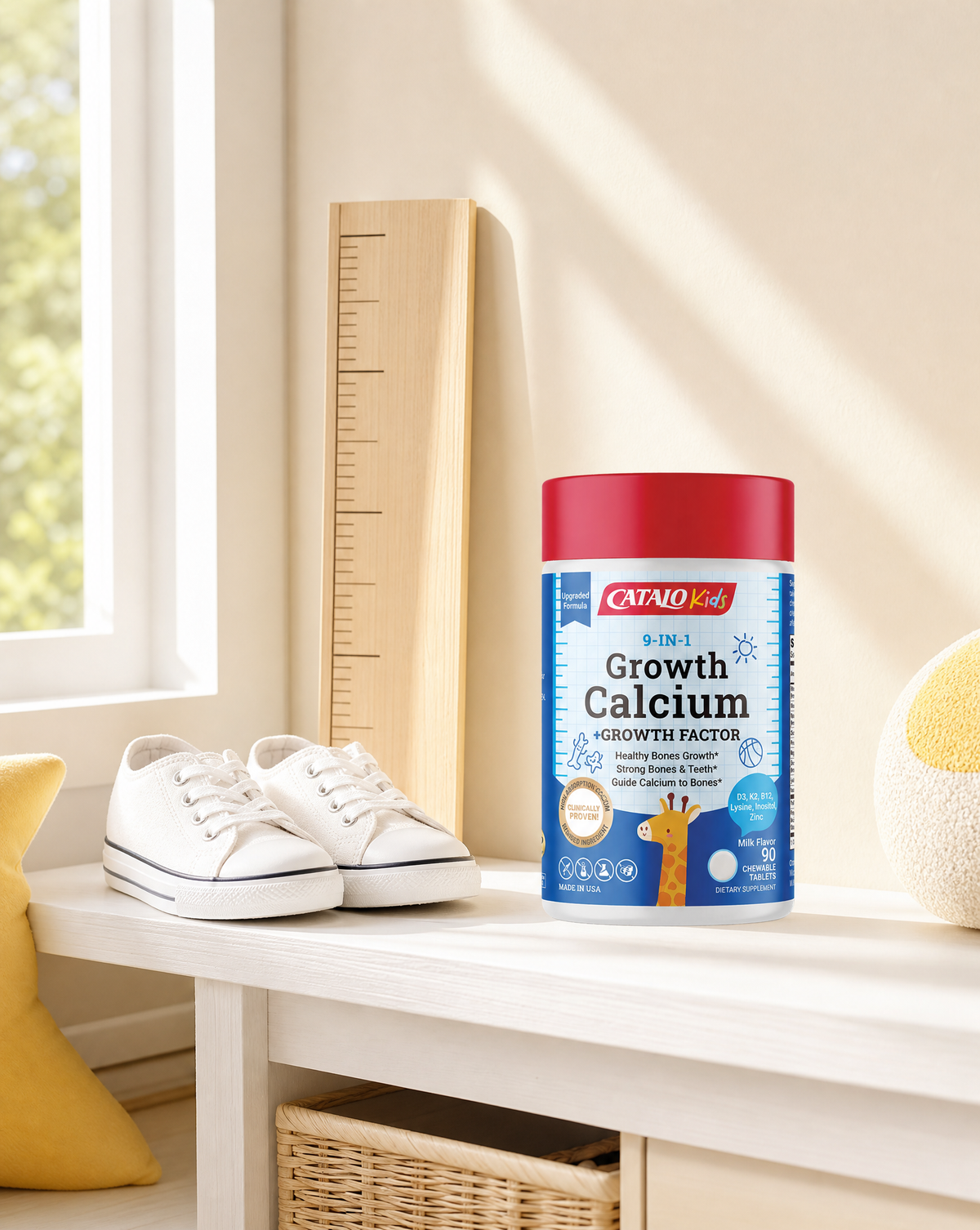 CATALO Kids 9-in-1 Growth Calcium on a bedroom shelf beside small sneakers and a wooden height ruler