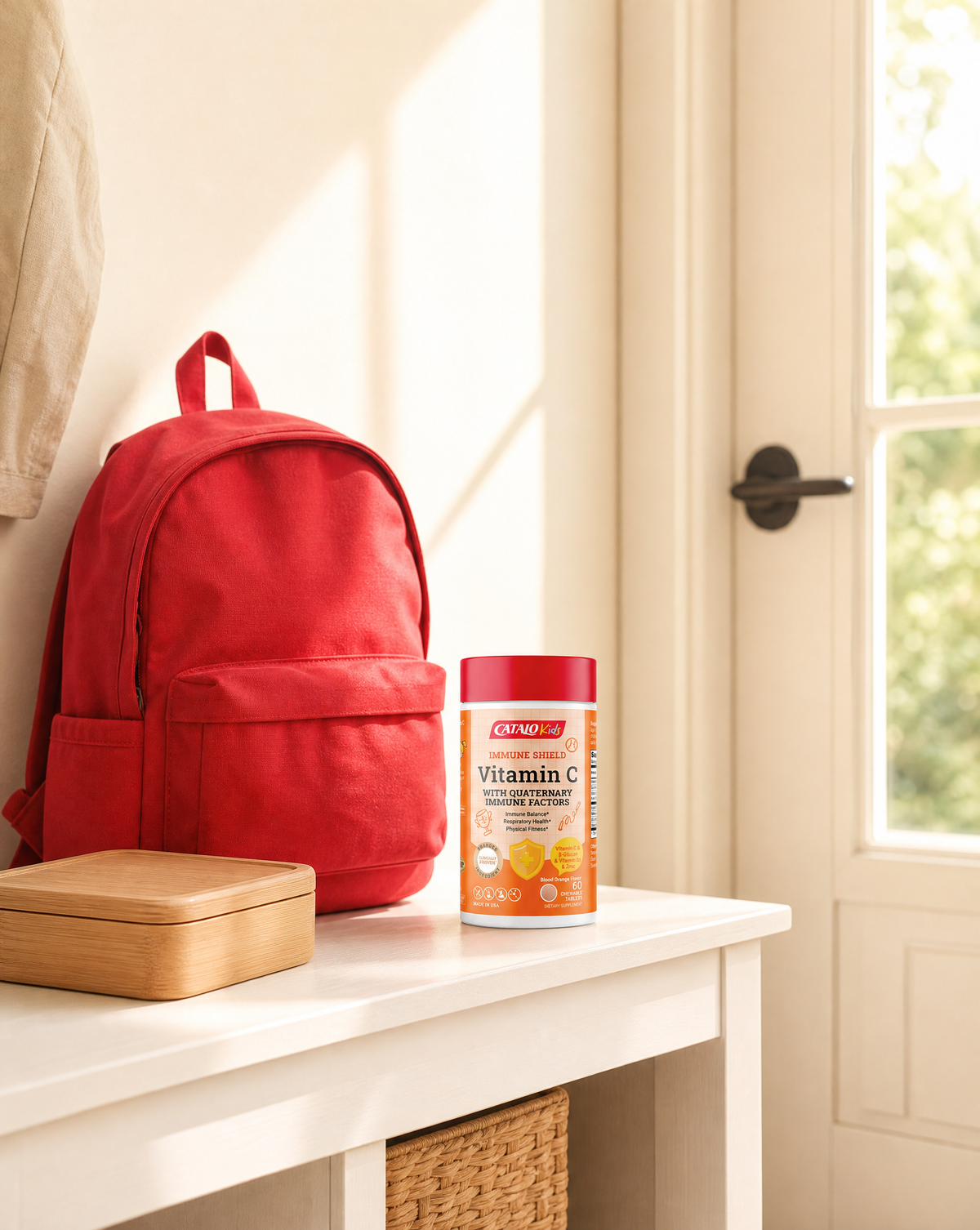 CATALO Kids Immune Shield Vitamin C on an entryway bench beside a red school backpack and a lunch box