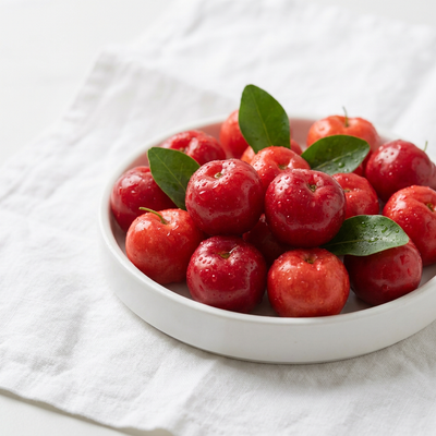 Fresh red acerola cherries in a white dish