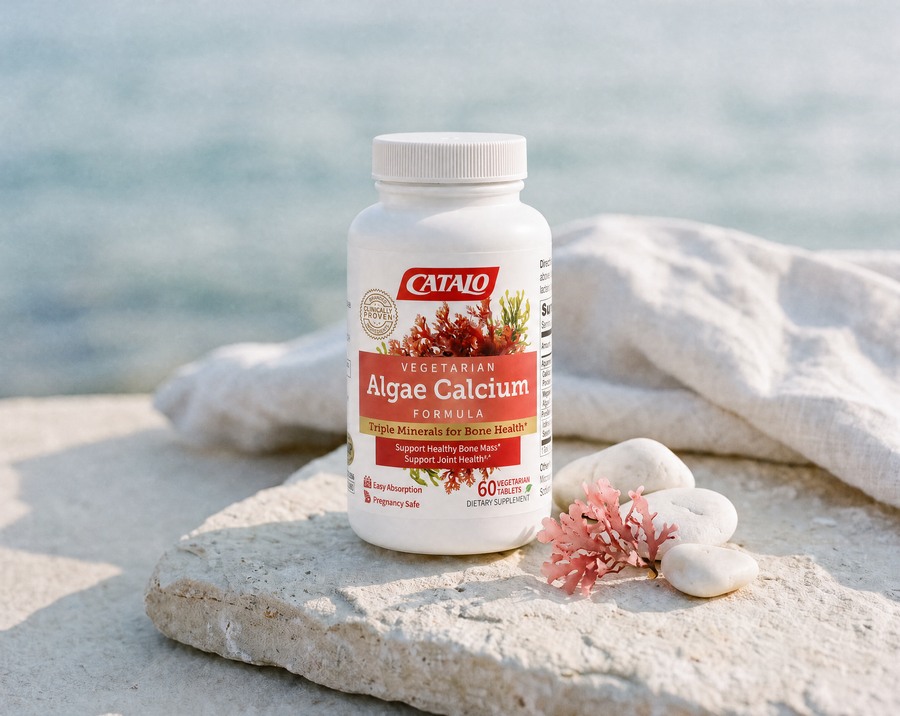 CATALO Vegetarian Algae Calcium on a pale stone by the sea with white pebbles and red algae