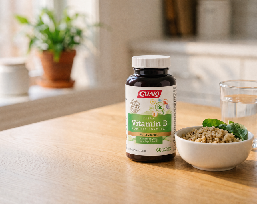 CATALO Extra Vitamin B Complex on a breakfast table with a bowl of quinoa and a glass of water