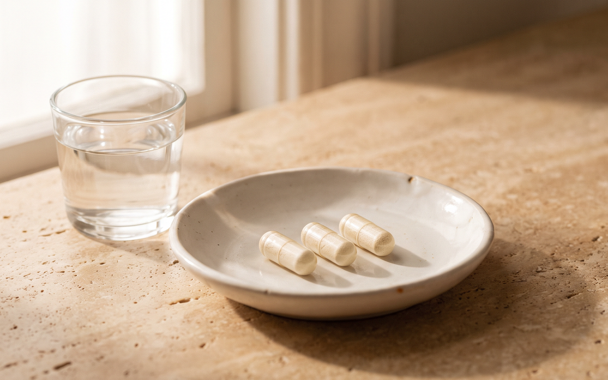 One daily serving: three plant-based capsules in a ceramic dish beside a glass of water