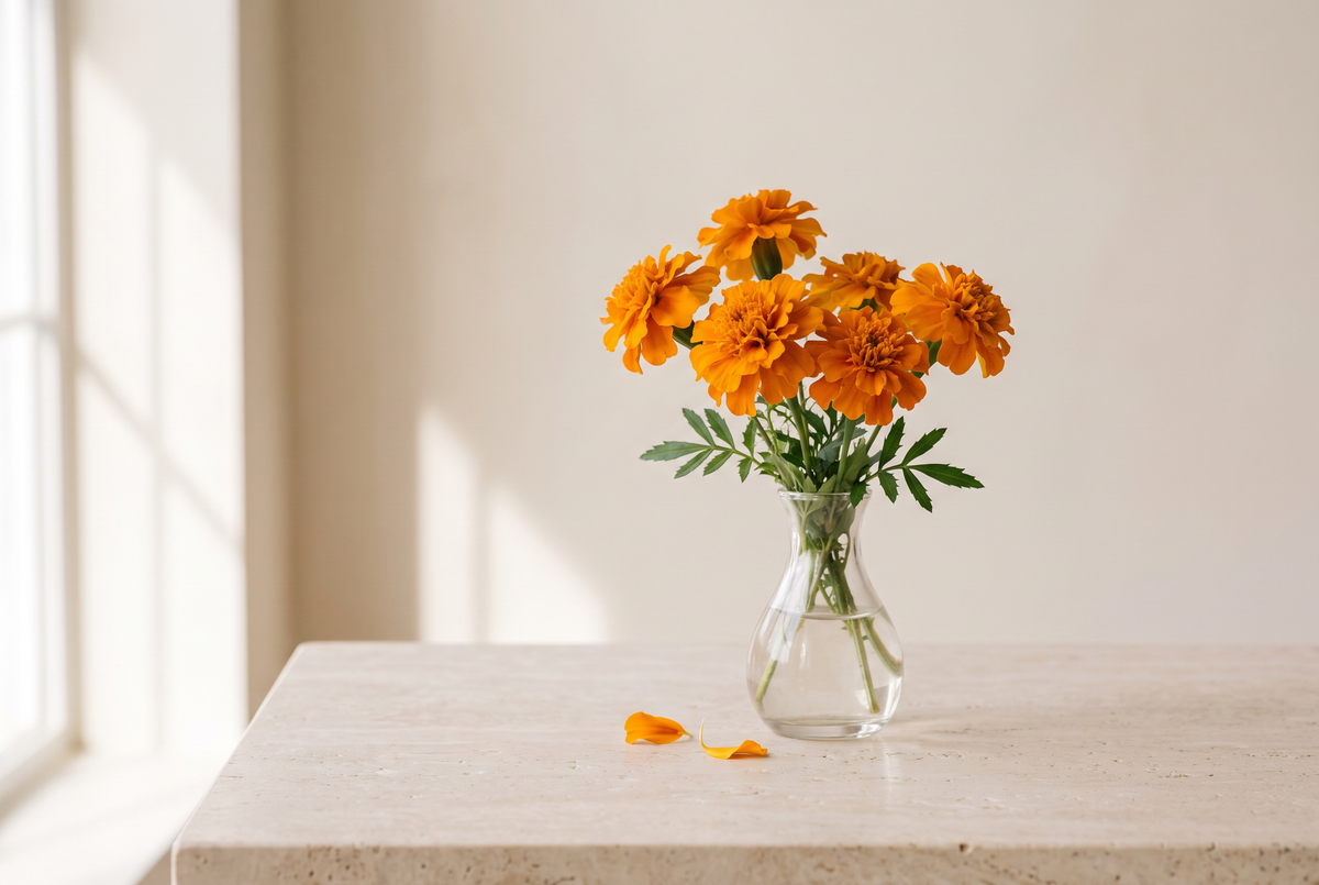 Marigold flowers, the source of FloraGLO lutein, in a small glass vase in morning light