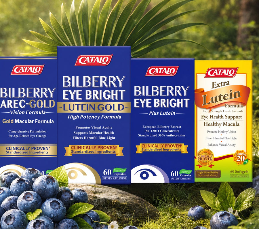 The CATALO eye care range: Bilberry Arec-Gold, Bilberry Eye Bright Lutein Gold, Bilberry Eye Bright and Extra Lutein